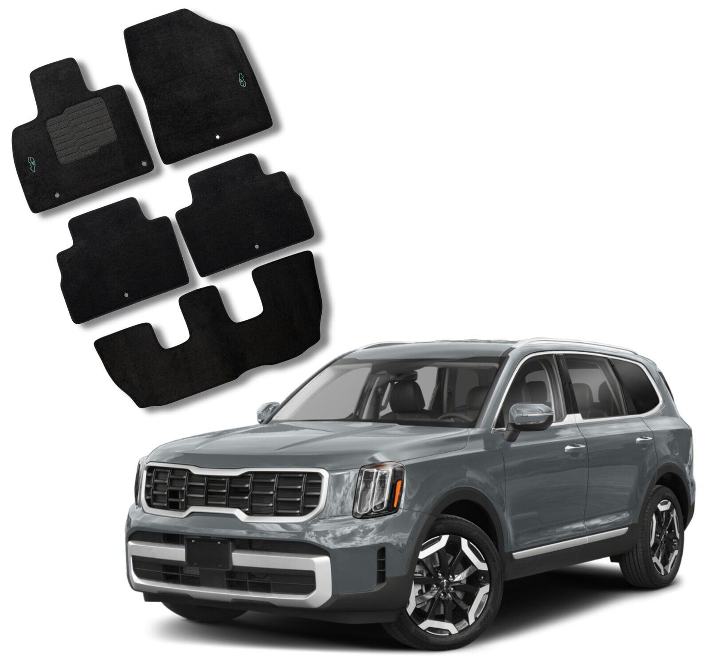 Carpet Floor Mats for 2020 to 2025 Kia Telluride Front, Rear and 3rd Row, Black