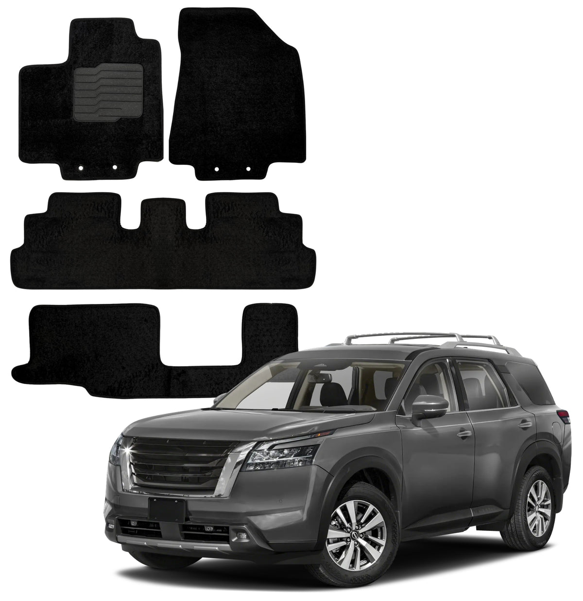 Carpet Floor Mats for 2022 to 2026 Nissan Pathfinder 8 Passenger, Full Set, Black