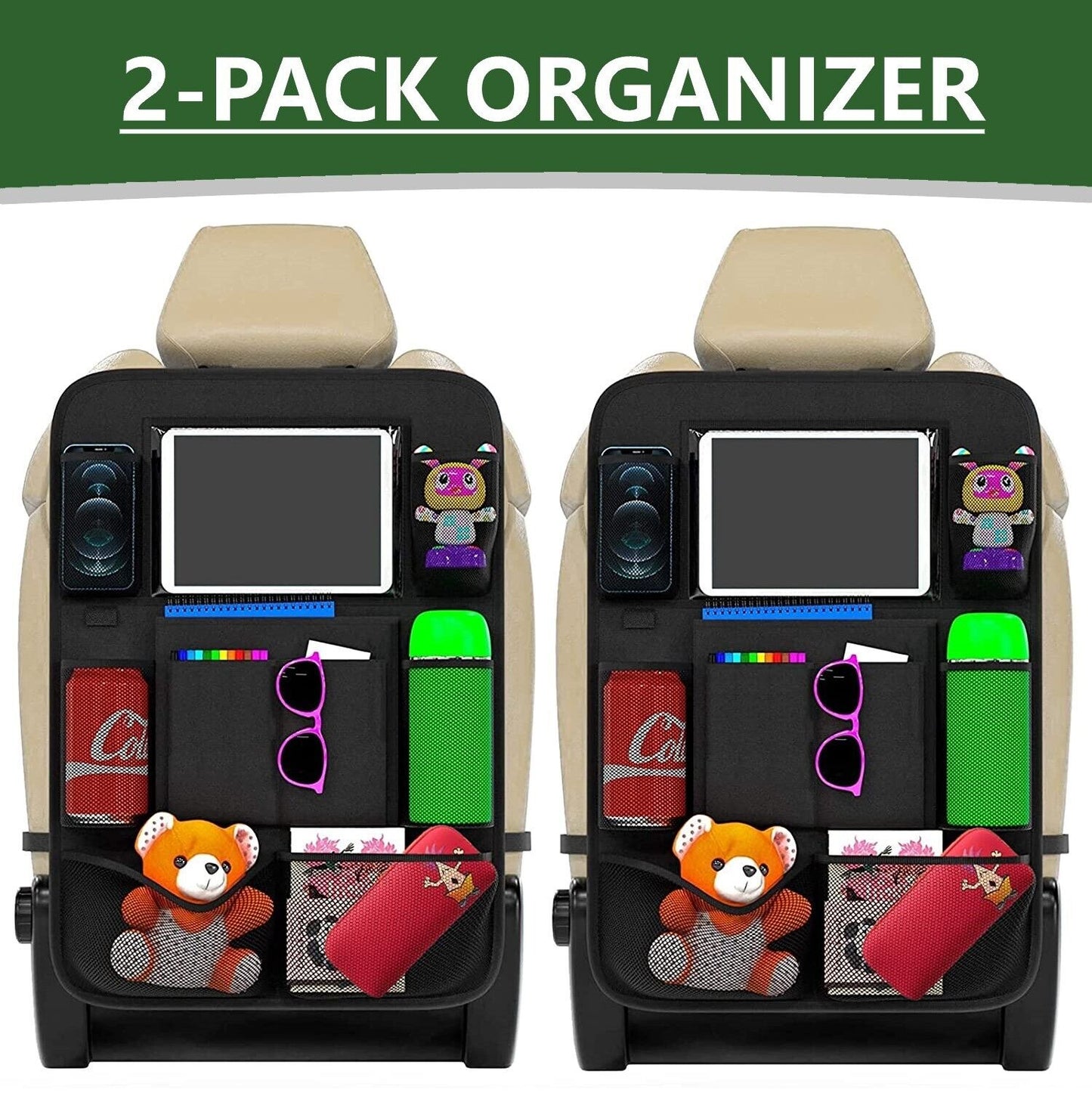 Backseat Car Organizer with 10" Tablet Holder and 9 Pockets - Pack of 2