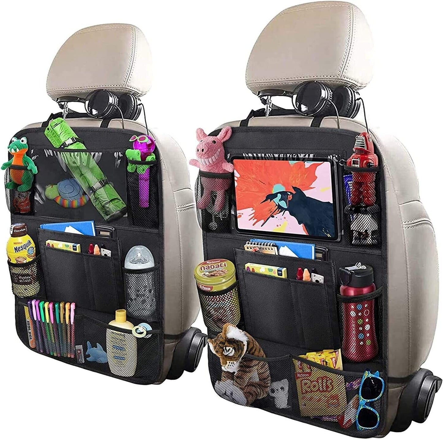 Backseat Car Organizer with 10" Tablet Holder and 9 Pockets - Pack of 2