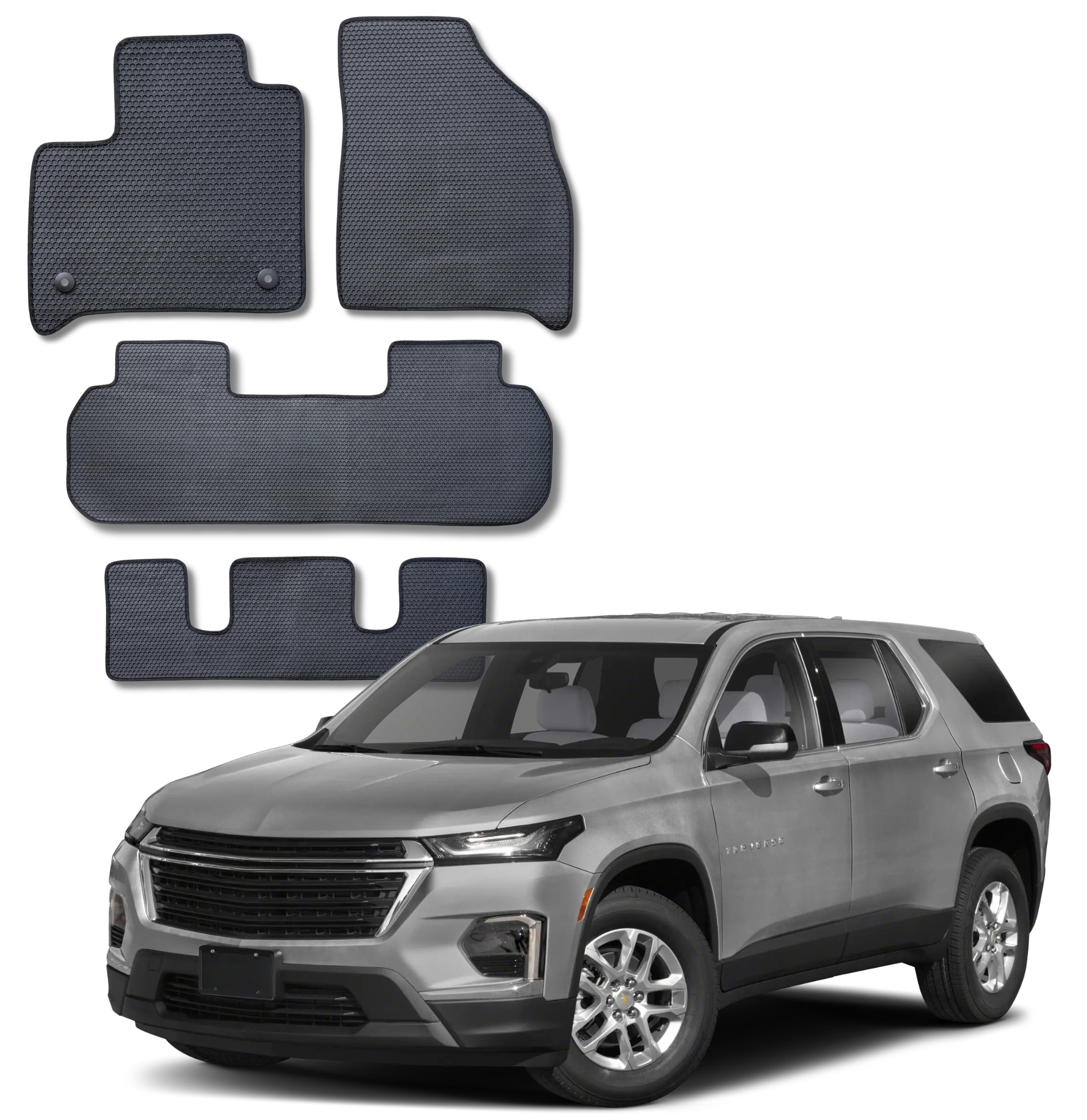 All Weather Honeycomb Floor Mats for 2018 to 2024 Chevy Traverse Front, Rear & 3rd Row