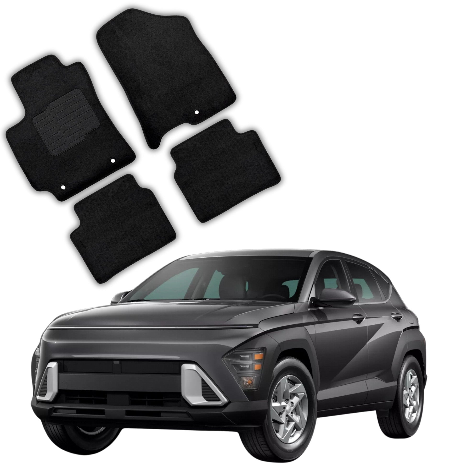 Carpet Floor Mats for 2024 to 2026 Hyundai Kona, Front and Rear, Black (Not for Electric Models)