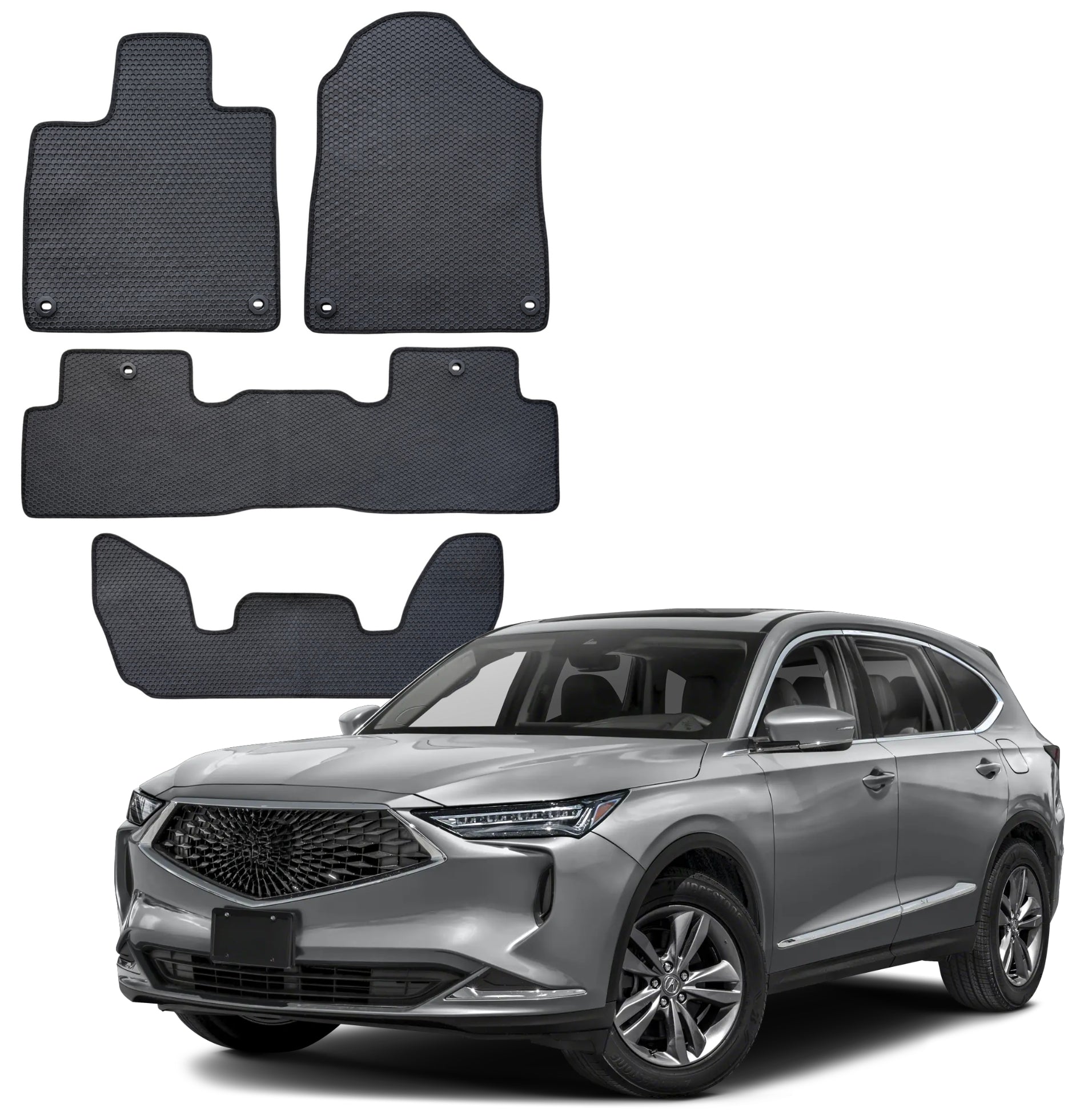 All Weather Honeycomb Floor Mats for 2022 to 2026 Acura MDX, Front, Rear and 3rd Row, Black