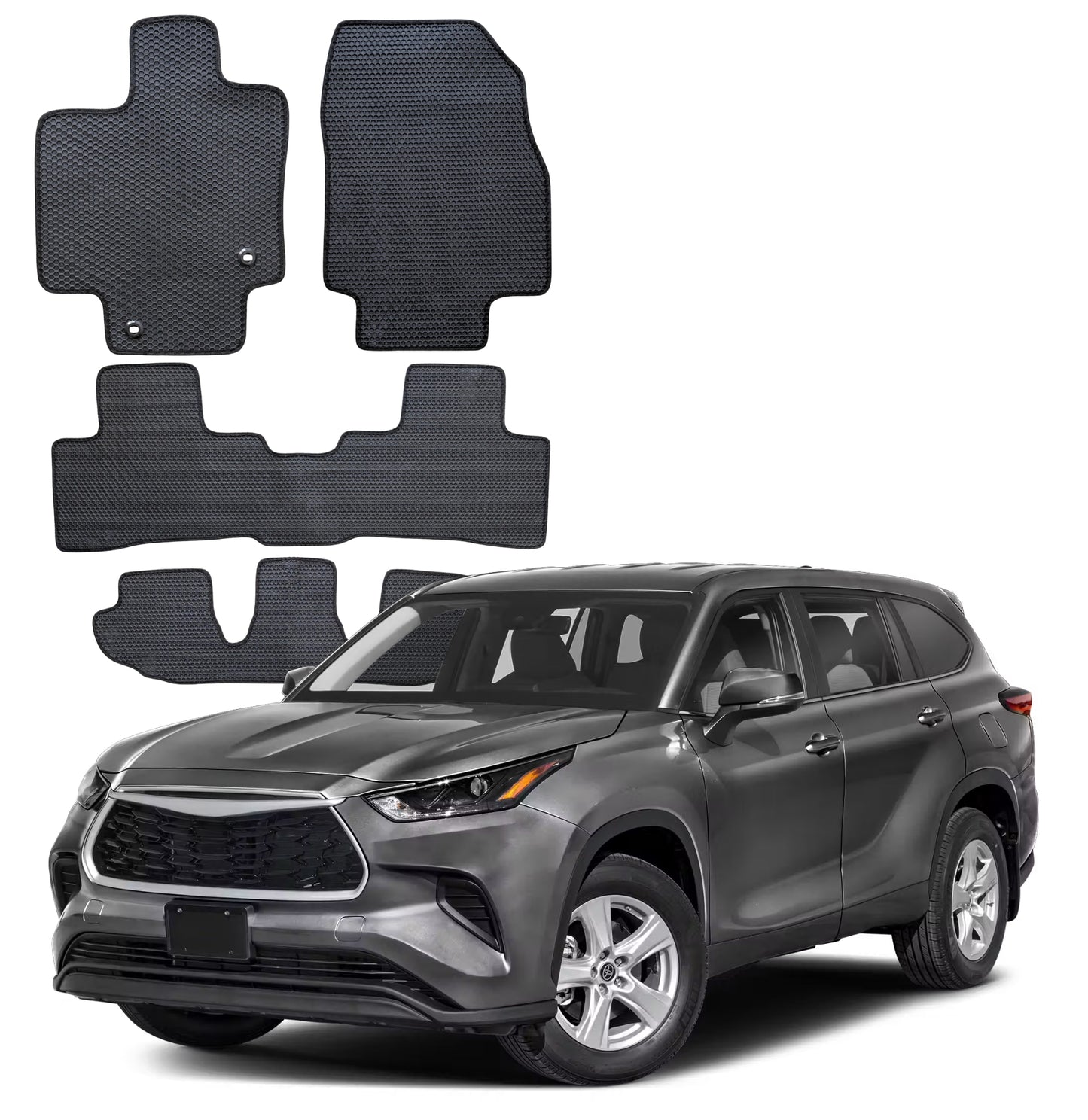 All Weather Honeycomb Floor Mats for 2020 to 2026 Toyota Highlander, Full 3 Row Set (2nd Row Bench or Bucket seats)