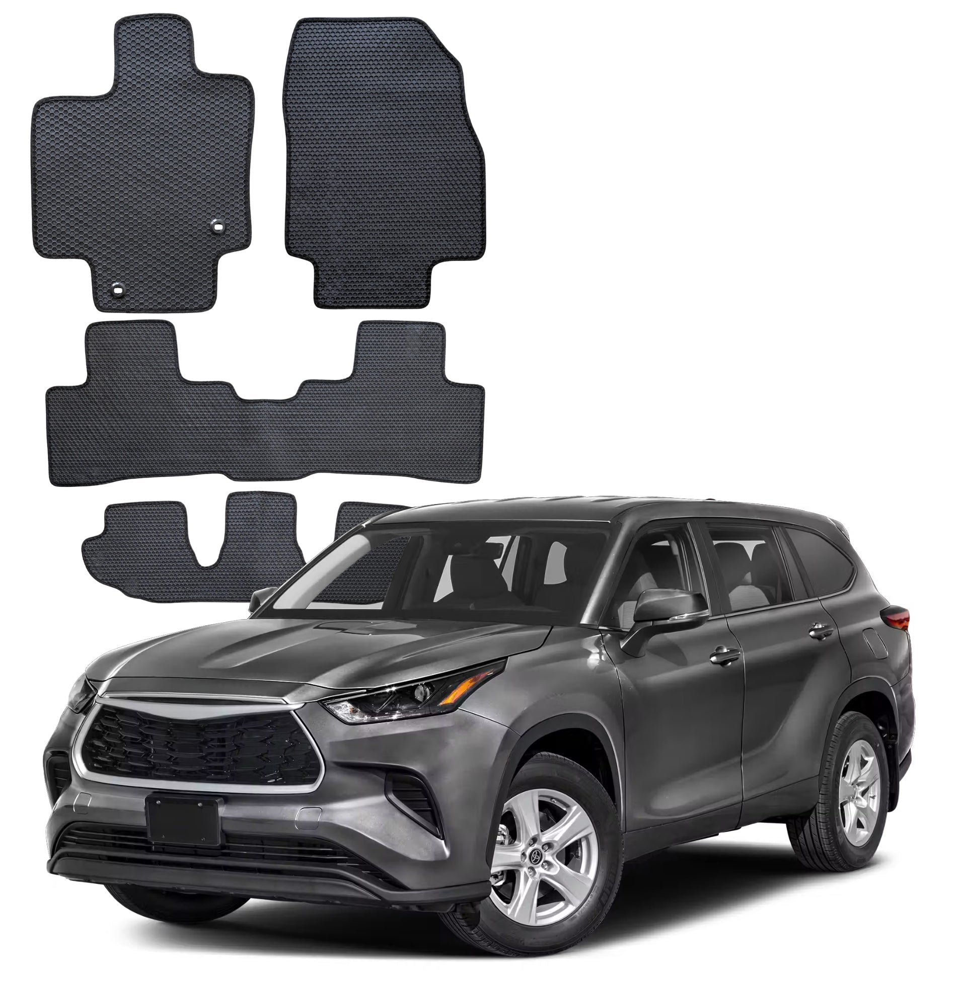 All Weather Honeycomb Floor Mats for 2020 to 2026 Toyota Highlander, Full 3 Row Set (2nd Row Bench or Bucket seats)
