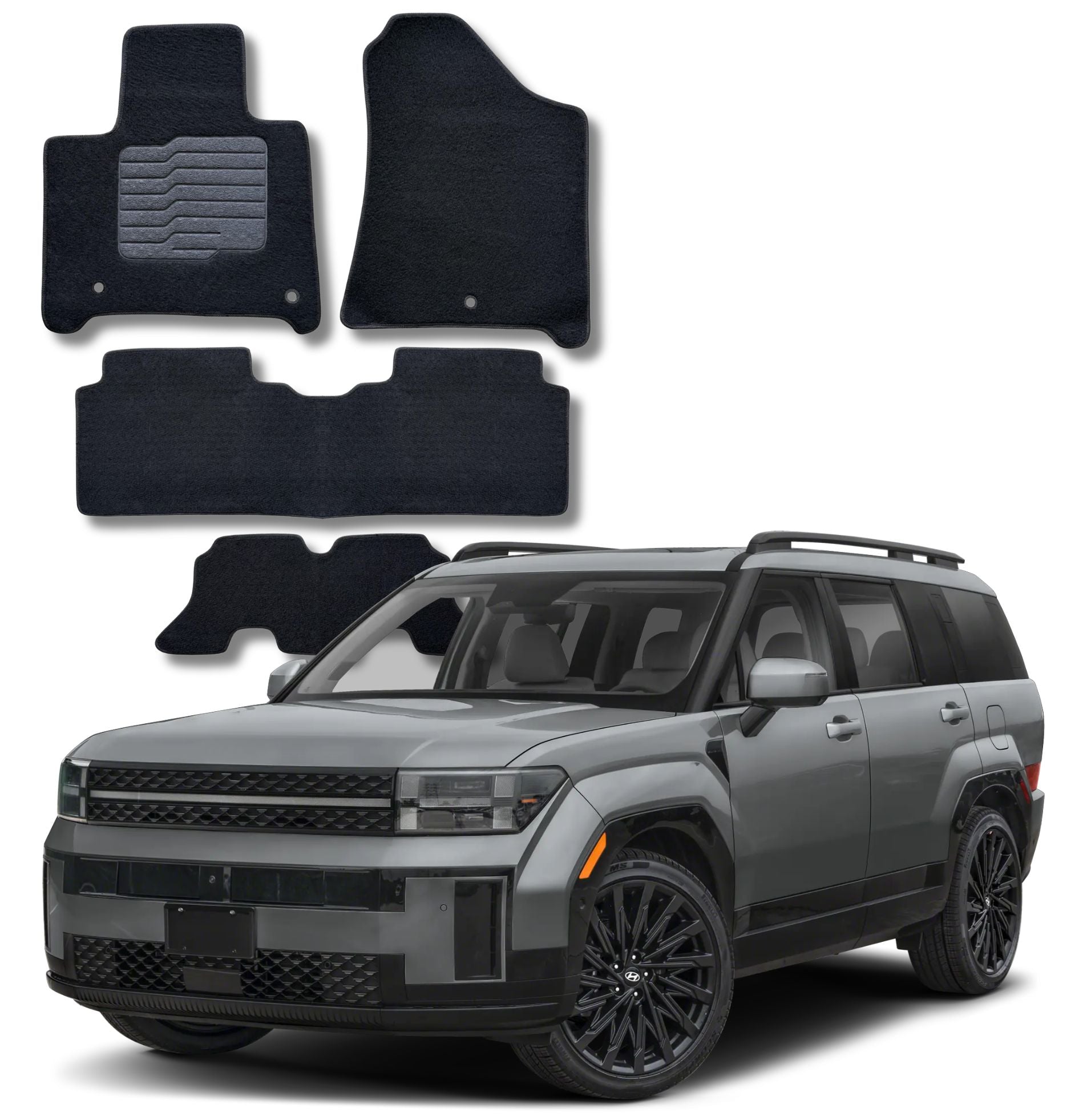 Carpet Floor Mats for 2024 to 2026 Hyundai Santa Fe, Full Set (Front, Rear and 3rd Row), Black