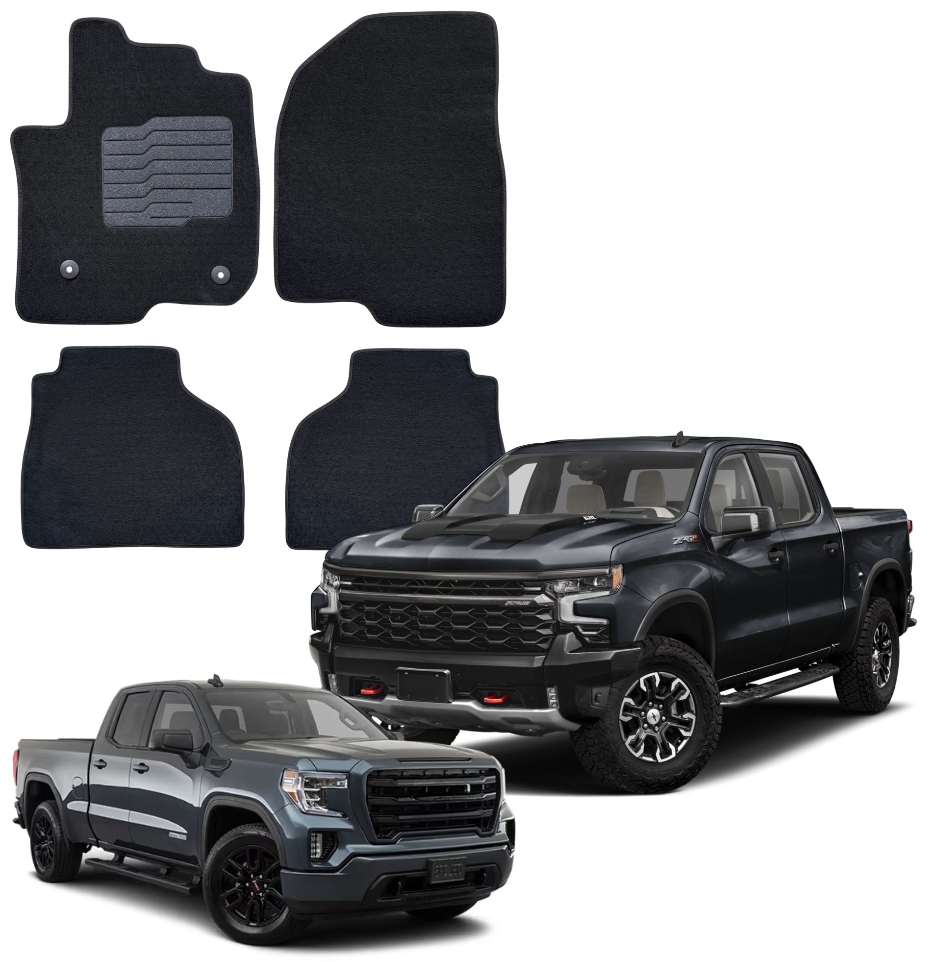 Carpet Floor Mats for 2019 to 2026 Chevrolet Silverado / GMC Sierra 1500, Front and Rear, Black