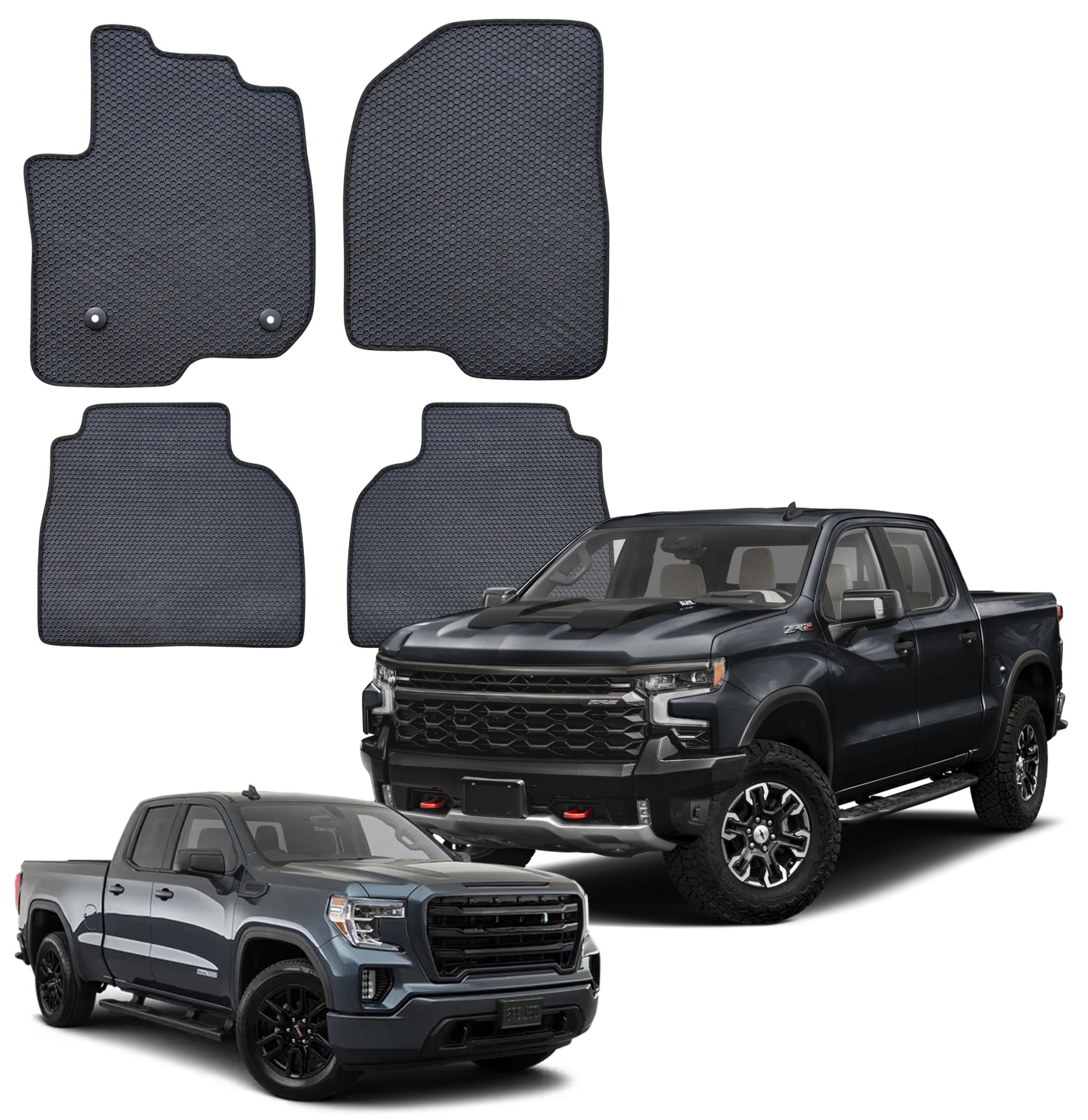 All Weather Honeycomb Floor Mats for 2019 to 2026 Chevrolet Silverado / GMC Sierra 1500, Front and Rear, Black