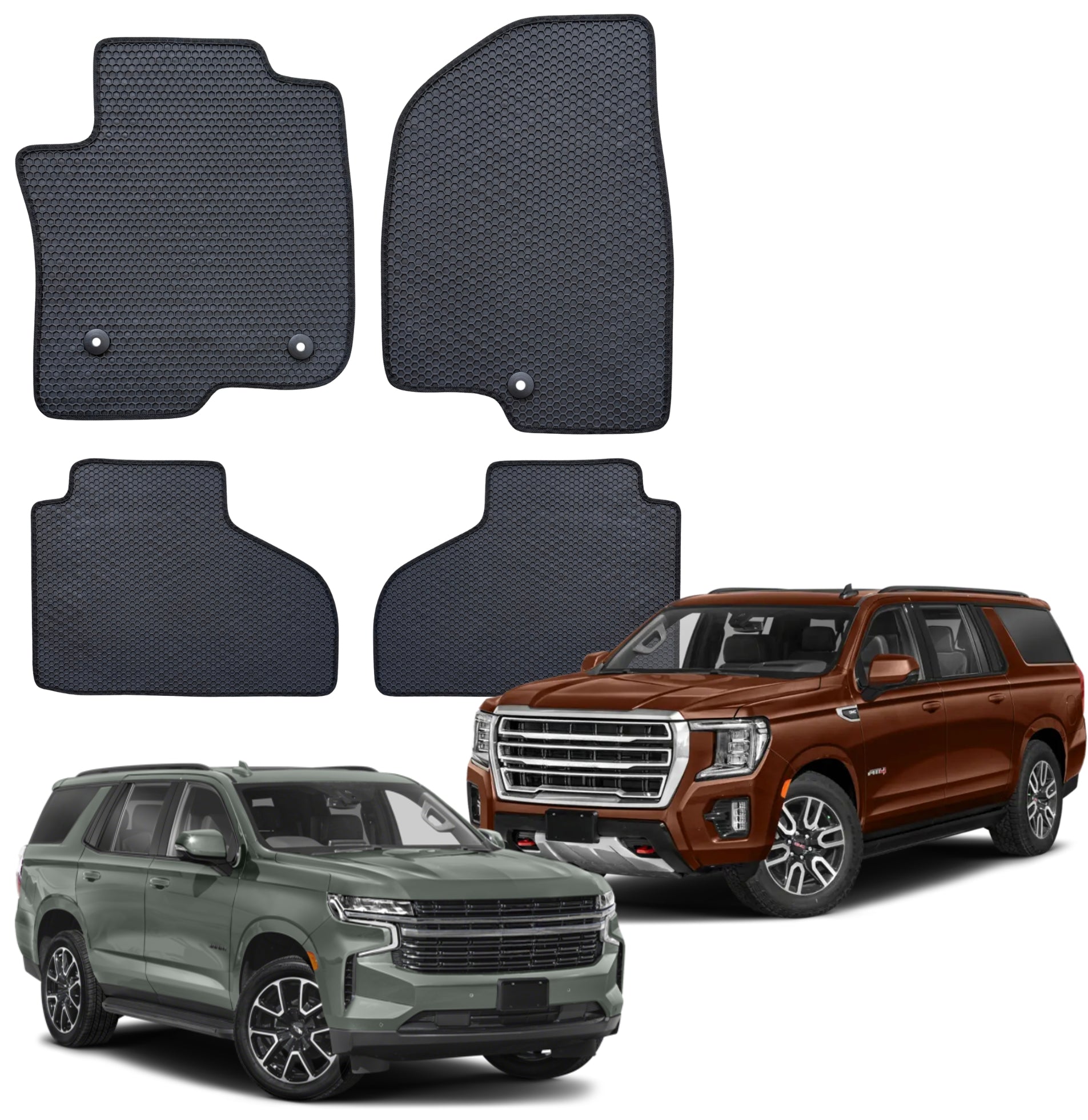 All Weather Honeycomb Floor Mats for 2021 to 2026 GMC Yukon, Chevrolet Tahoe, Suburban, Cadillac Escalade, Front and Rear, Black