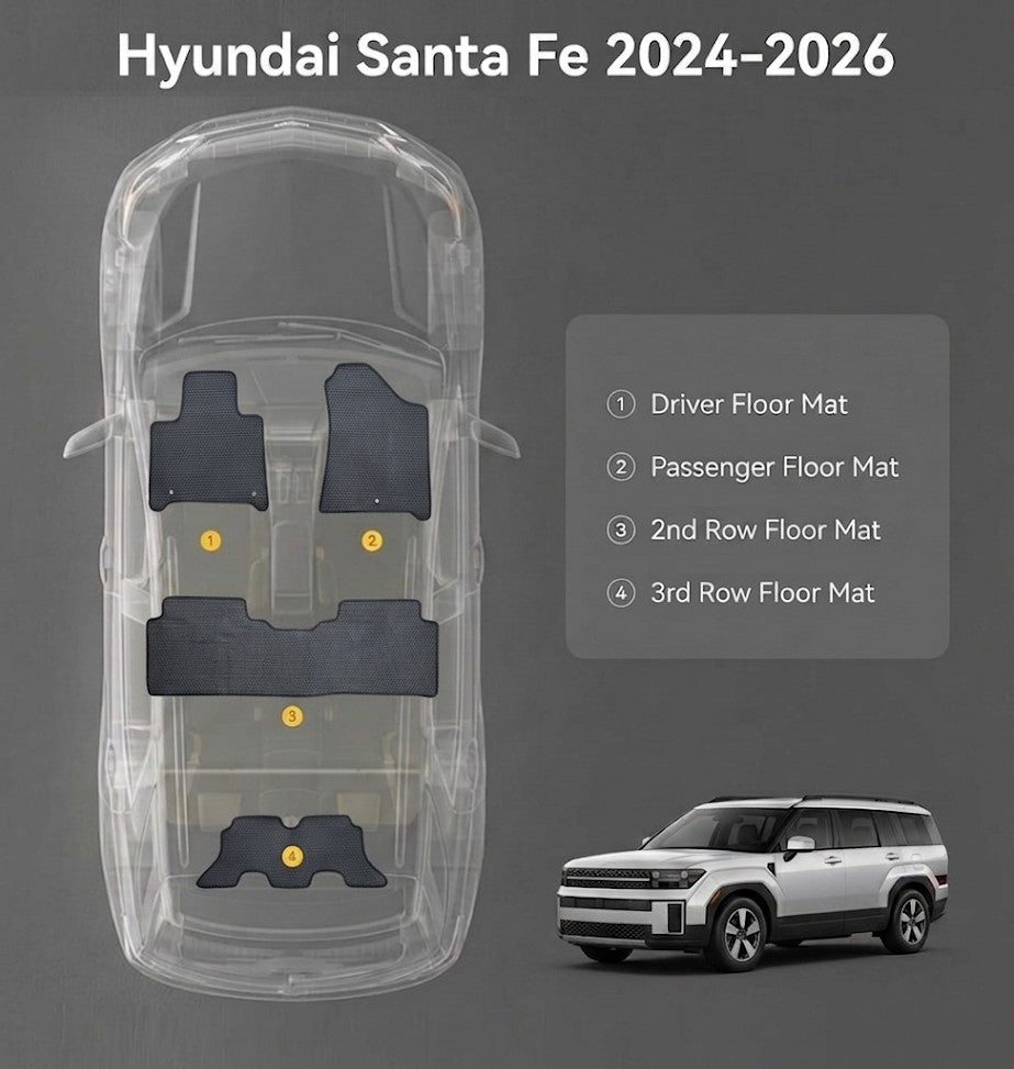 All Weather Honeycomb Floor Mats for 2024 to 2026 Hyundai Santa Fe, Full Set (Front, Rear and 3rd Row)