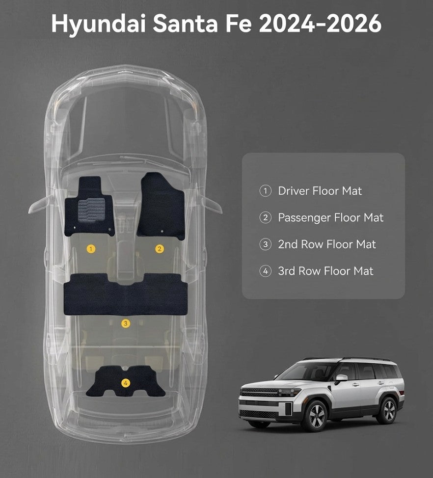 Carpet Floor Mats for 2024 to 2026 Hyundai Santa Fe, Full Set (Front, Rear and 3rd Row), Black