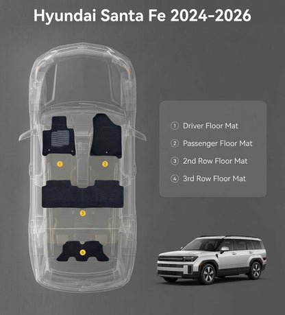 Carpet Floor Mats for 2024 to 2026 Hyundai Santa Fe, Full Set (Front, Rear and 3rd Row), Black
